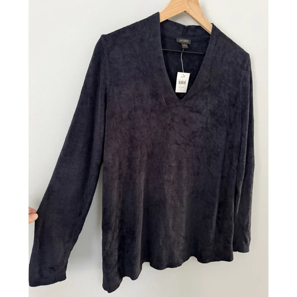 J. Jill Wearever Tunic V-neck Sweater Size L Plush Terry Knit Navy‎ Blue NWT